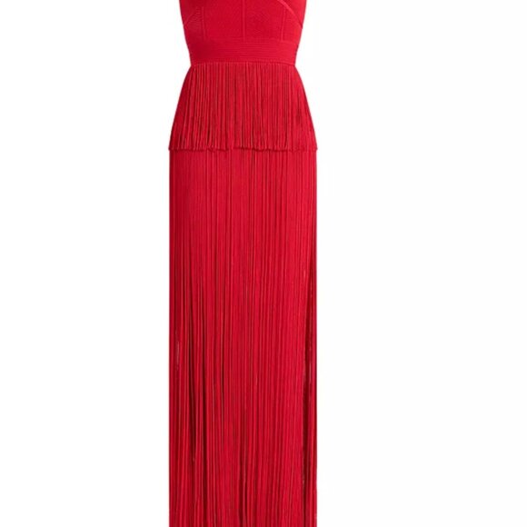 HERVE LEGER Strappy Ottoman Fringe Gown In Rio Red - Picture 5 of 7